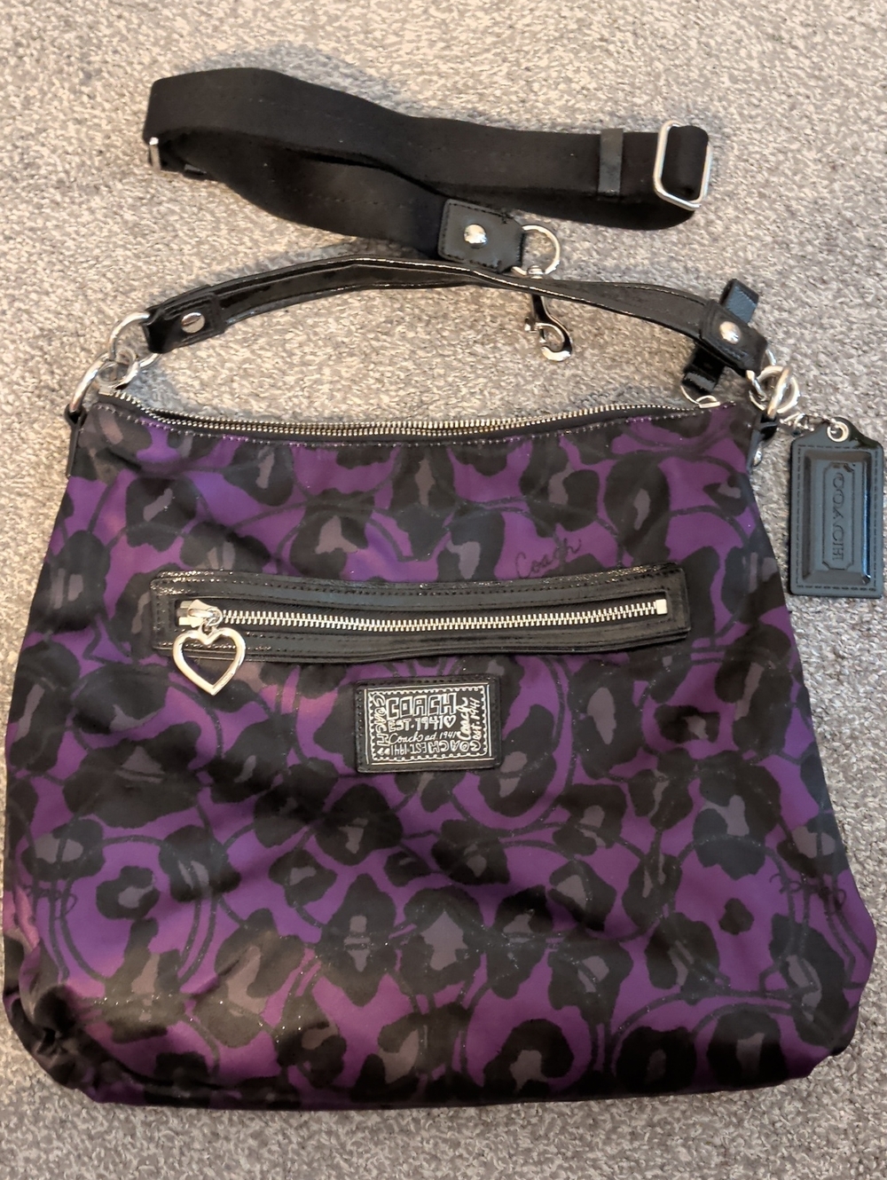 Coach Purple and Black Leopard-Print Shoulder Bag with Heart Charm